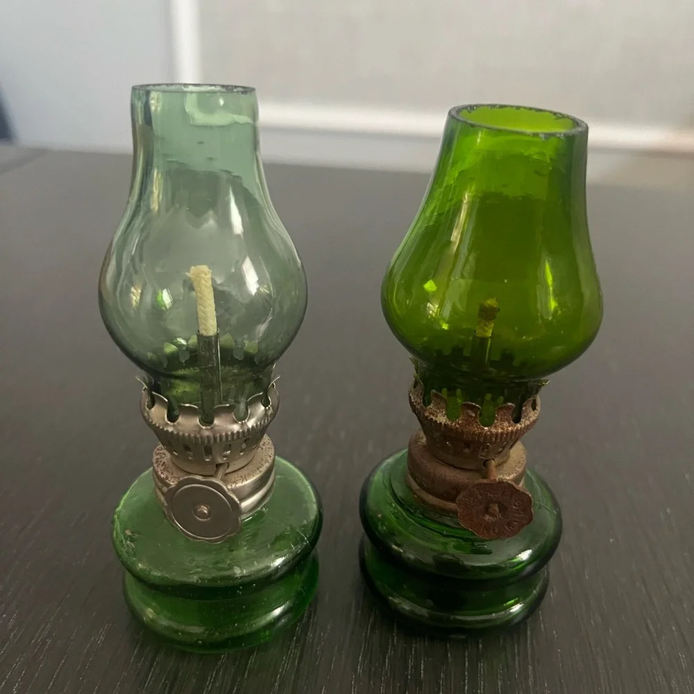 Two Vintage Miniature 4 inch Green Glass Oil Lantern Lamps Metal Decorative